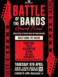 Battle of the Bands Grand Final poster: Heartlake, Violet, Disjunction, Bloom, No Idea, Syncopate, guest band Pet Needs