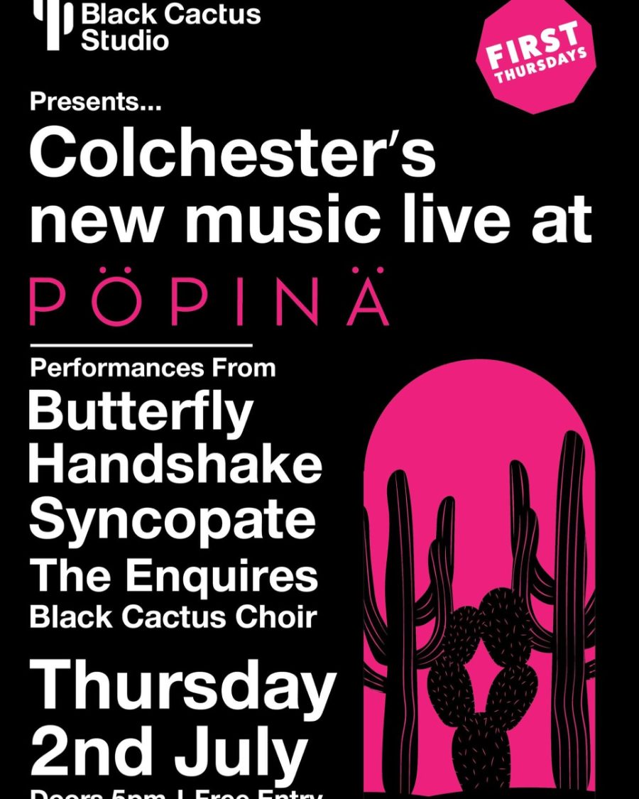 Colchester’s New Music at Pöpinä poster: Butterfly Handshake, Syncopate, The Enquiries